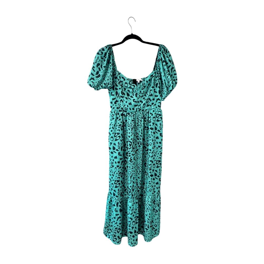 NSR Green Leopard Print Midi Dress | Women's Size M | Puff Sleeve Animal Print
